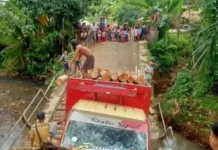 Dihantam Truk Bermuatan Kayu, Jembatan di Cimanggu Pandeglang Ambruk